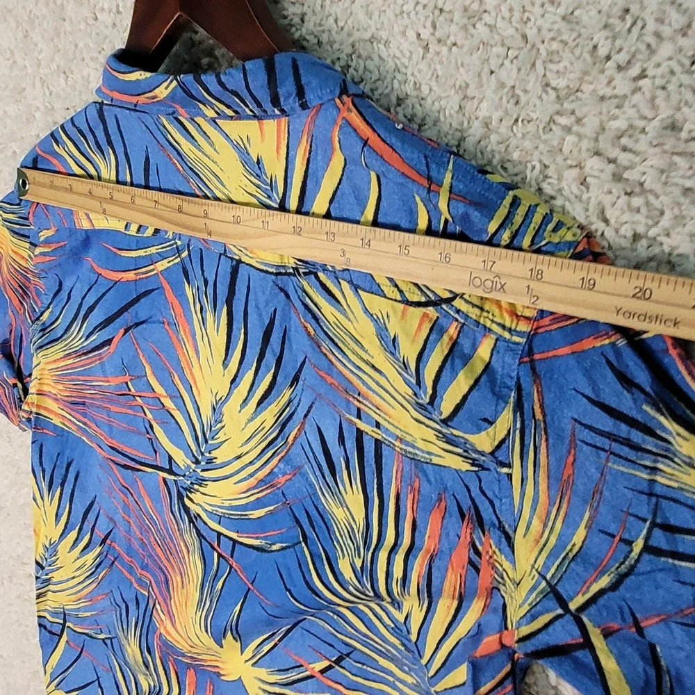 Quiksiver Hawaiian Shirt Men's Large Blue Yellow Floral Leaf Short Sleeve Button